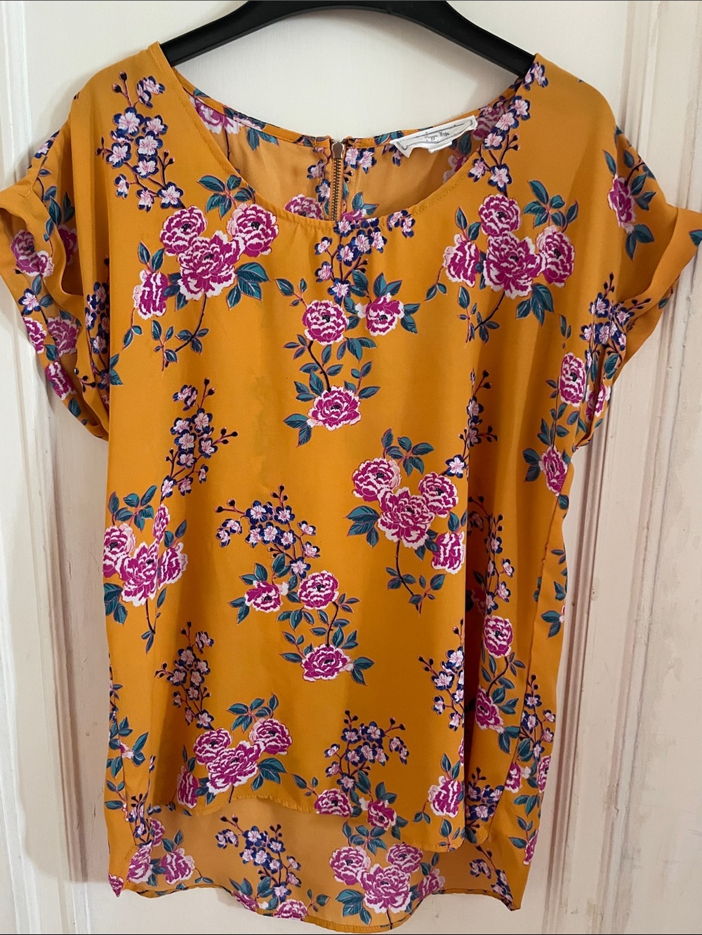 Hippie Rose Mustard Floral Scoop Neck Blouse with Pink Blooms